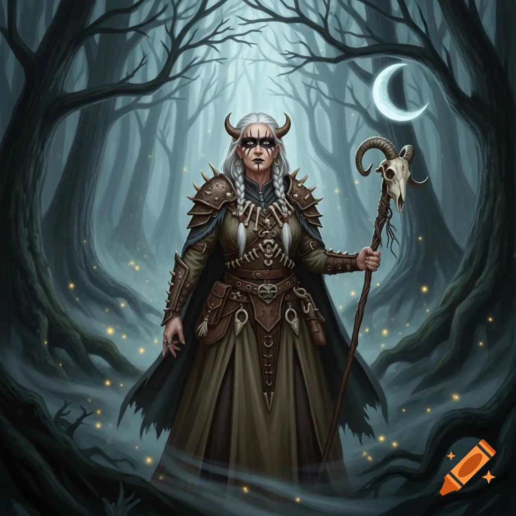 A dark fantasy illustration of an old forest witch with horns, face paint, and bone armor, holding a staff with a goat skull, under a crescent moon in a mystical forest.