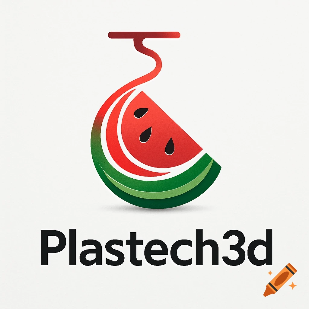 A simple logo for Plastech3d, depicting a stylized watermelon slice with a red filament being printed into it.