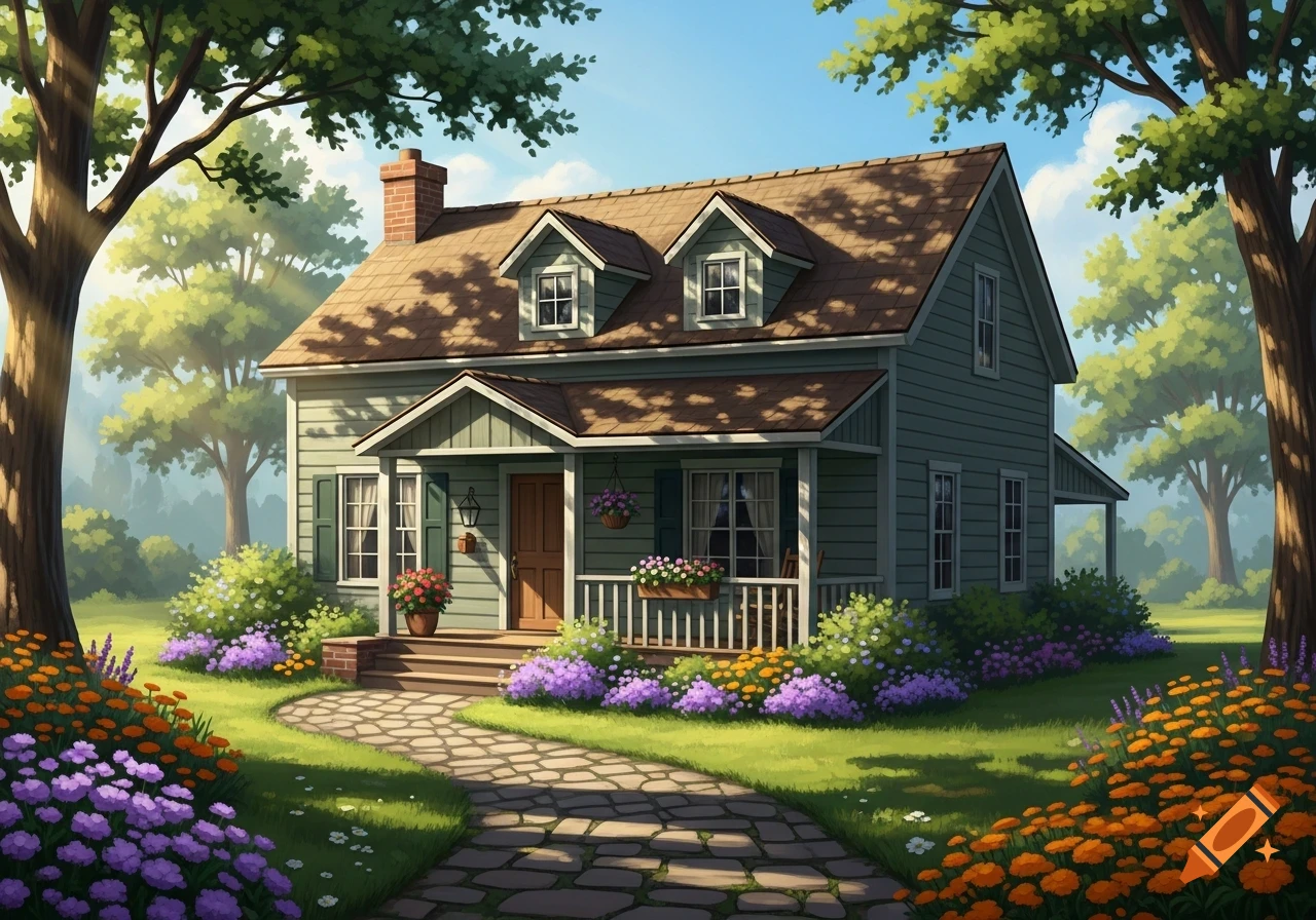 A charming green house with a brown roof, dormer windows, and a front porch, surrounded by a vibrant garden of colorful flowers and green trees, with a winding stone path, in an illustrative style.