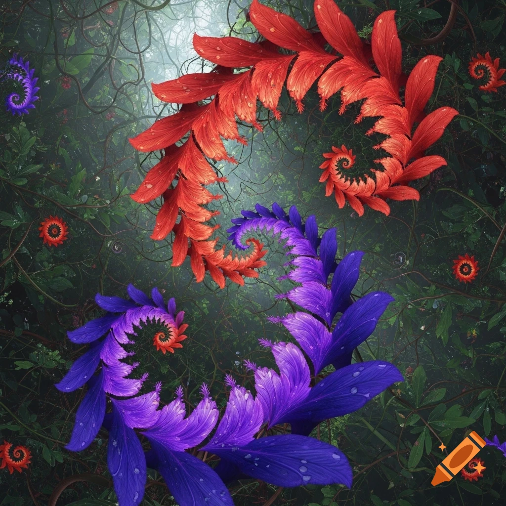 Vibrant red and purple spiral-shaped floral structures intertwine amidst a lush, misty jungle setting.