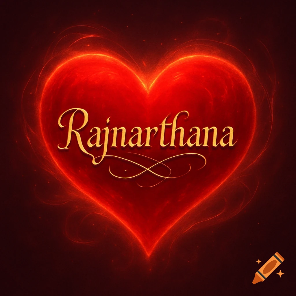 Glowing red heart with the name Rajnarthana in golden cursive script.
