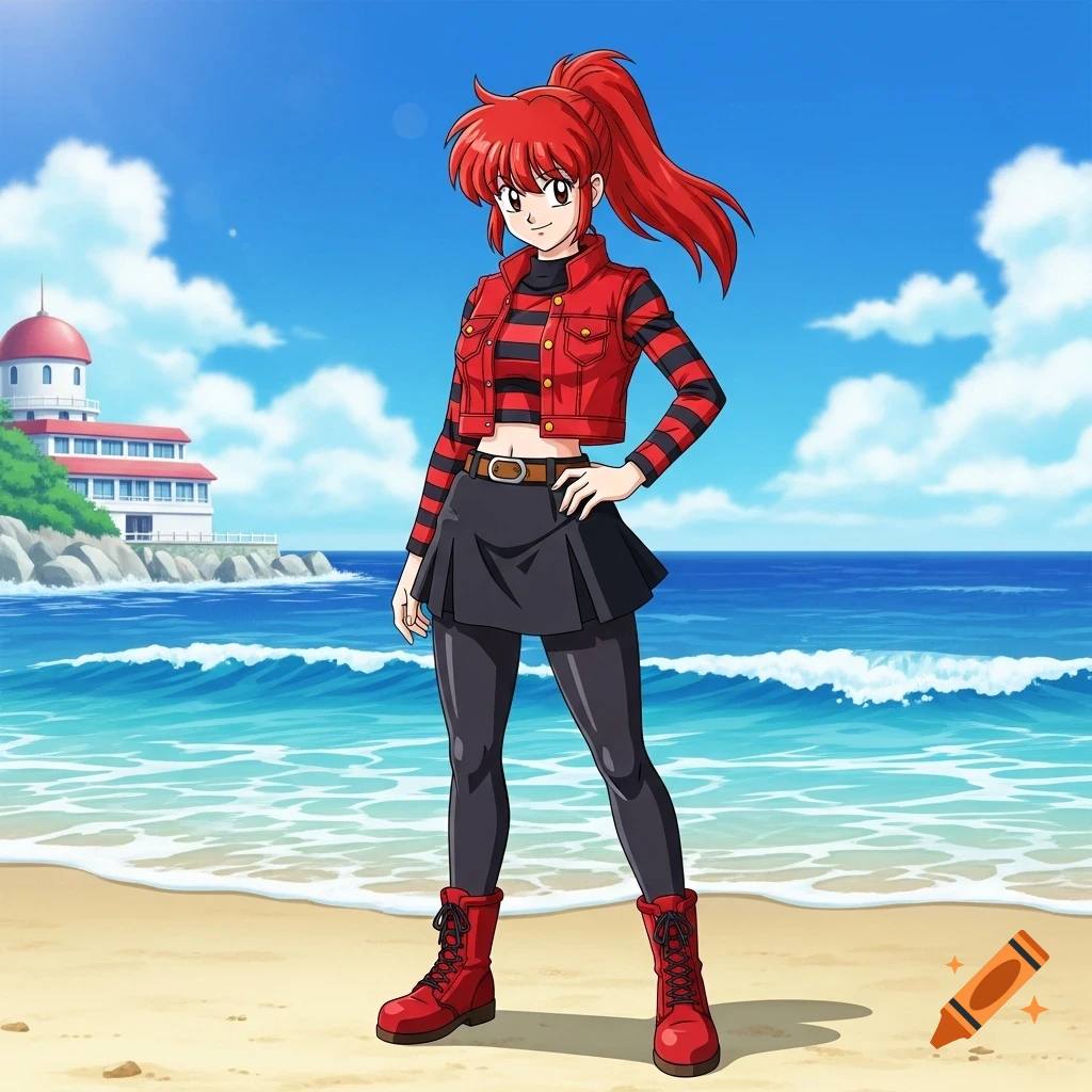 Anime character Ranko with red hair, wearing a red jacket, striped shirt, black skirt, and red boots, stands on a beach.