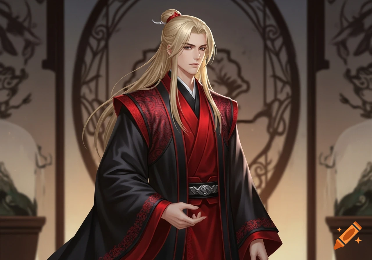 An illustrated male character with long blonde hair tied back, wearing an ornate black and red traditional robe, standing indoors.