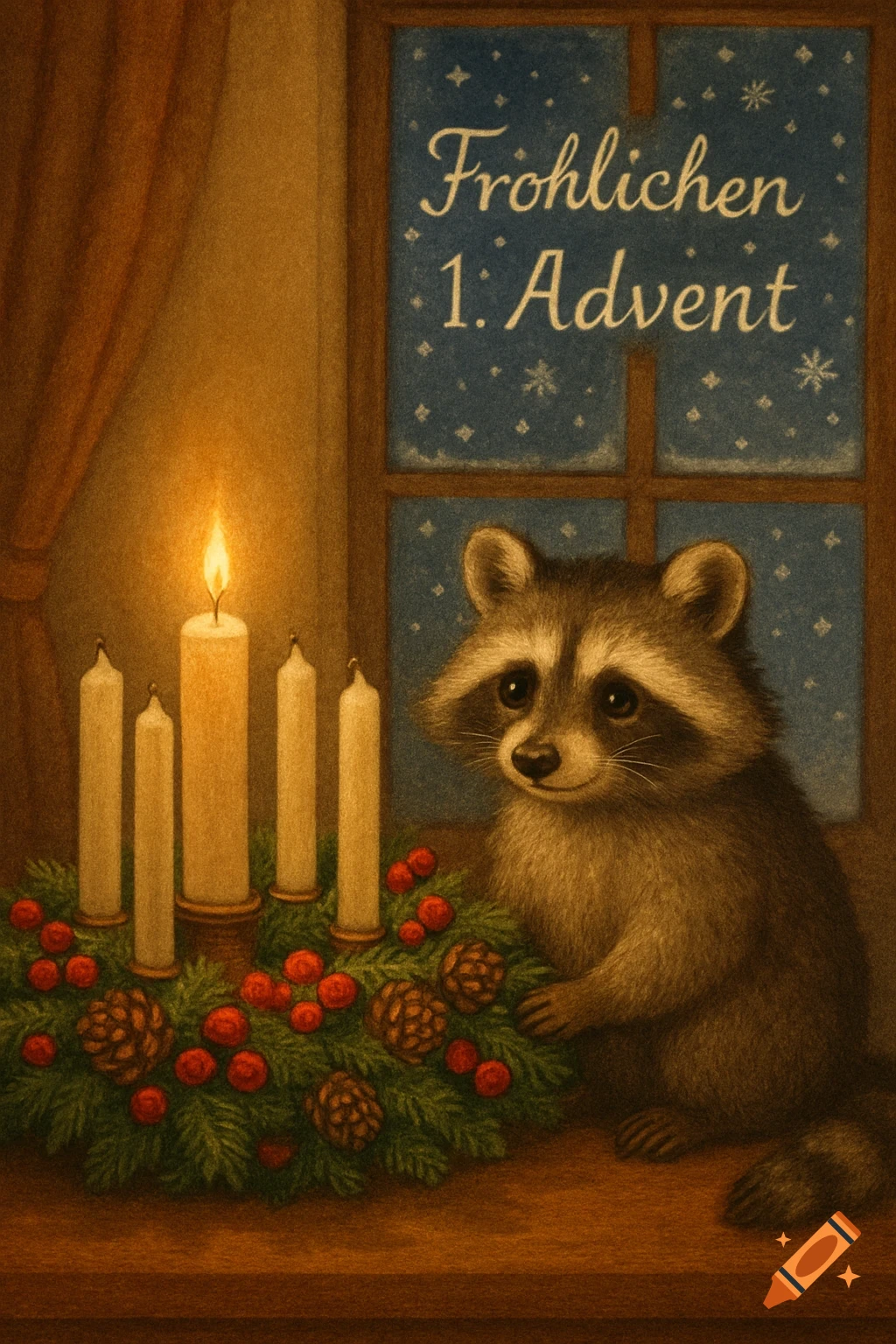 A cute raccoon sits beside an Advent wreath with five candles, one lit. Snowflakes are on a window with 'Fröhlichen 1. Advent' text.