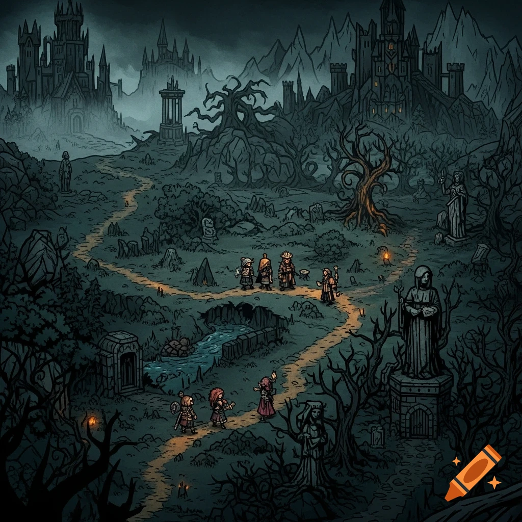 Four adventurers trek a winding path through a dark, gothic fantasy landscape with castles and bare trees, in Darkest Dungeon style.