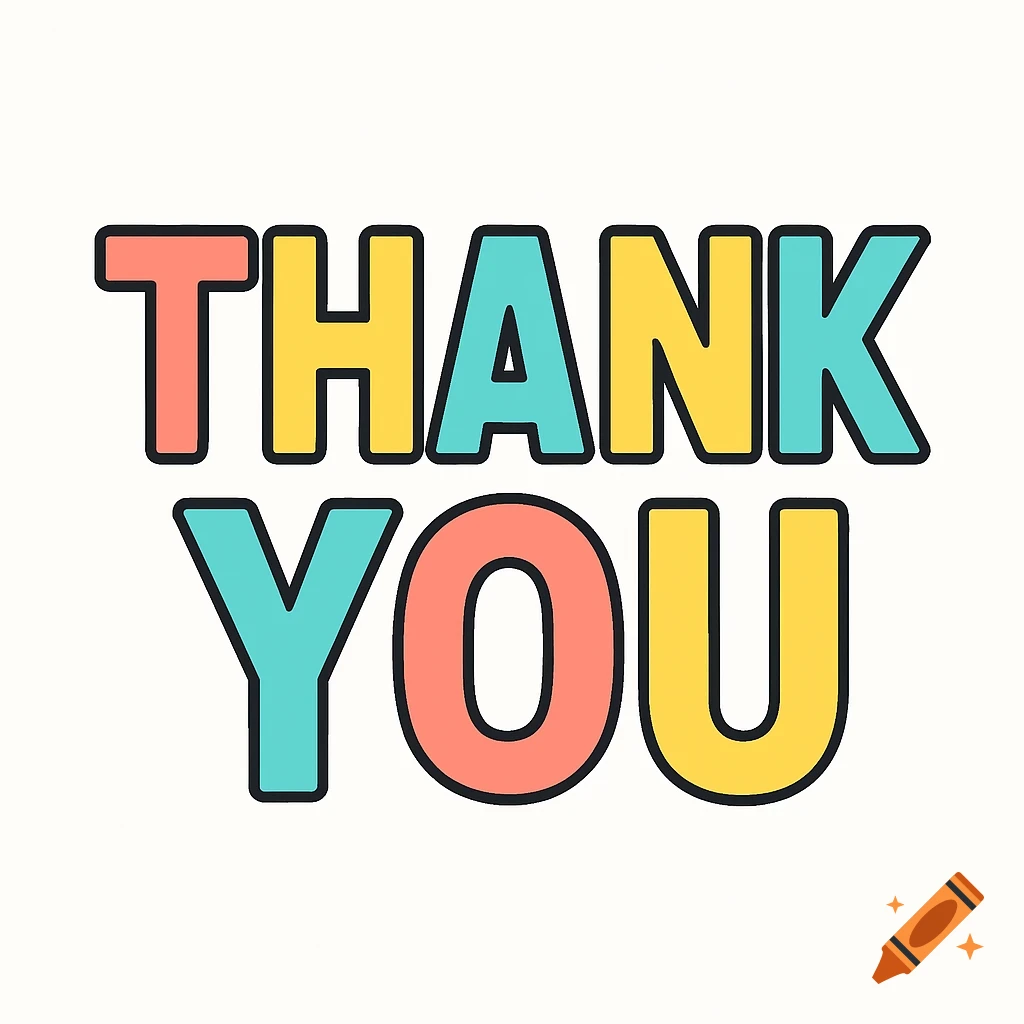 Colorful bold text spells 'Thank You' with a black outline on a white background in a cheerful clip art style.