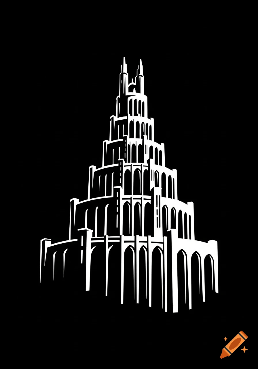 A white stencil silhouette of a tall, multi-tiered fantasy castle, resembling Minas Tirith, against a solid black background.