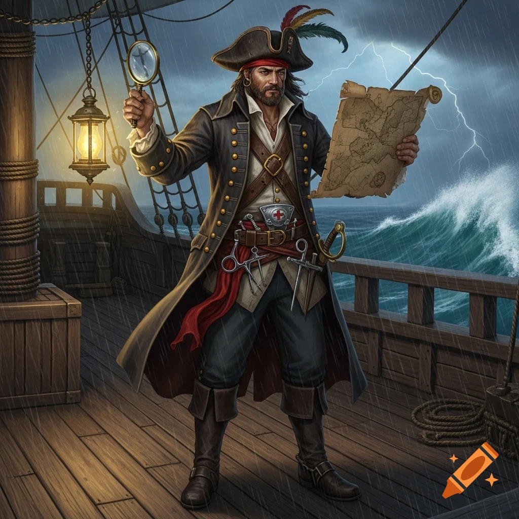 A male pirate doctor stands on a ship deck during a stormy night, holding a magnifying glass and a map.