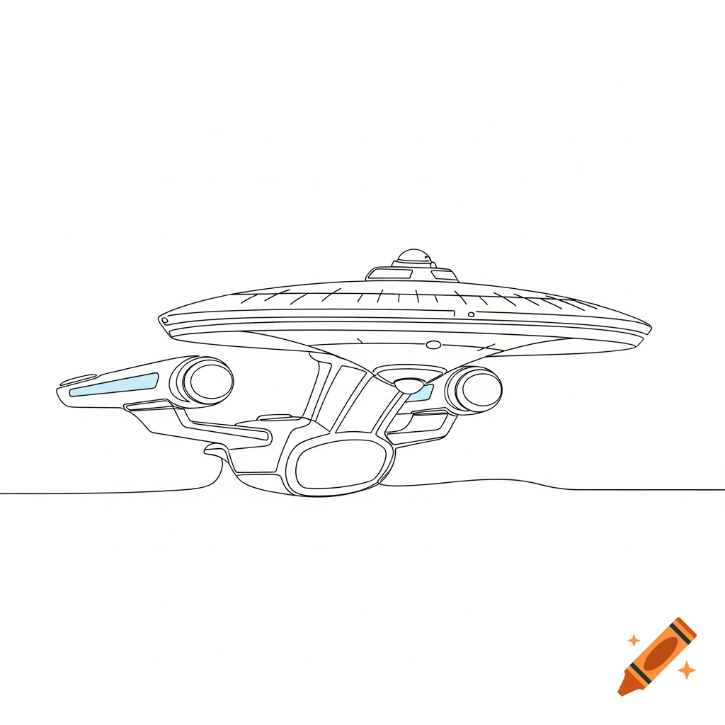A minimalistic one-line sketch of the Star Trek vessel NCC 1701 D on a white background.