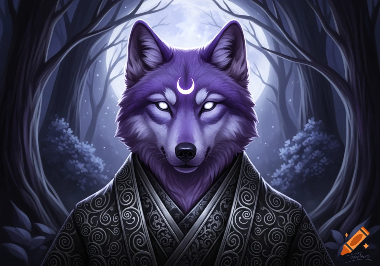 A stylized purple wolf with glowing white eyes and a crescent moon on its forehead wears an ornate black and silver kimono, standing in a dark, moonlit forest.