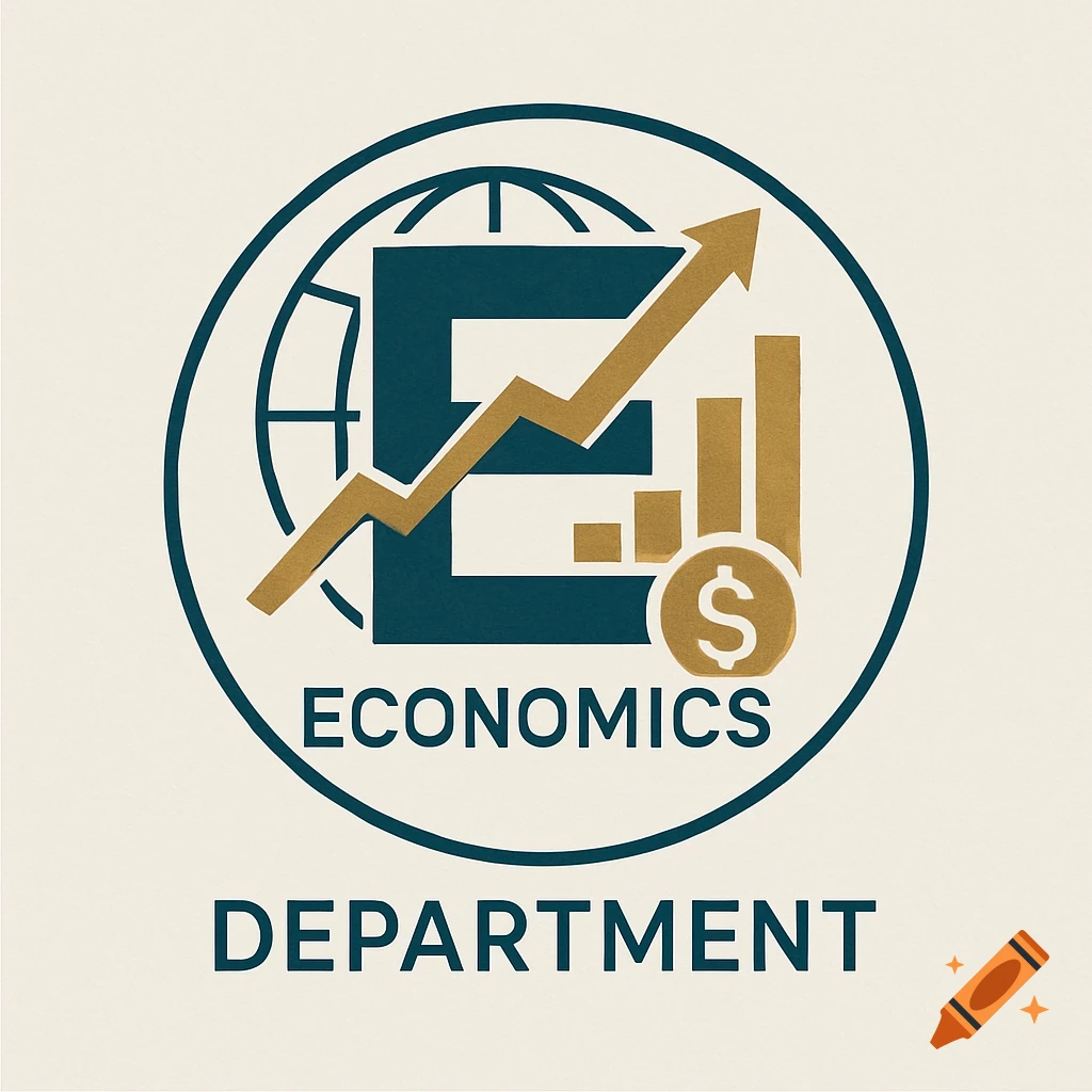 A logo for an economics department featuring a globe, a large letter 'E', a rising bar graph, a dollar sign, and the words 'ECONOMICS DEPARTMENT'.