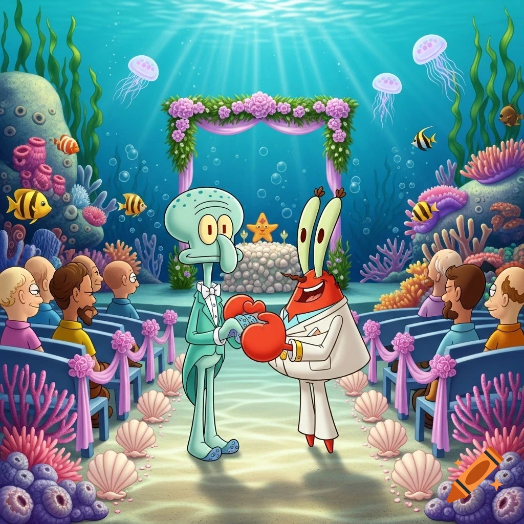 Cartoon characters Squidward and Mr. Krabs stand at an underwater wedding altar, surrounded by other sea creatures.