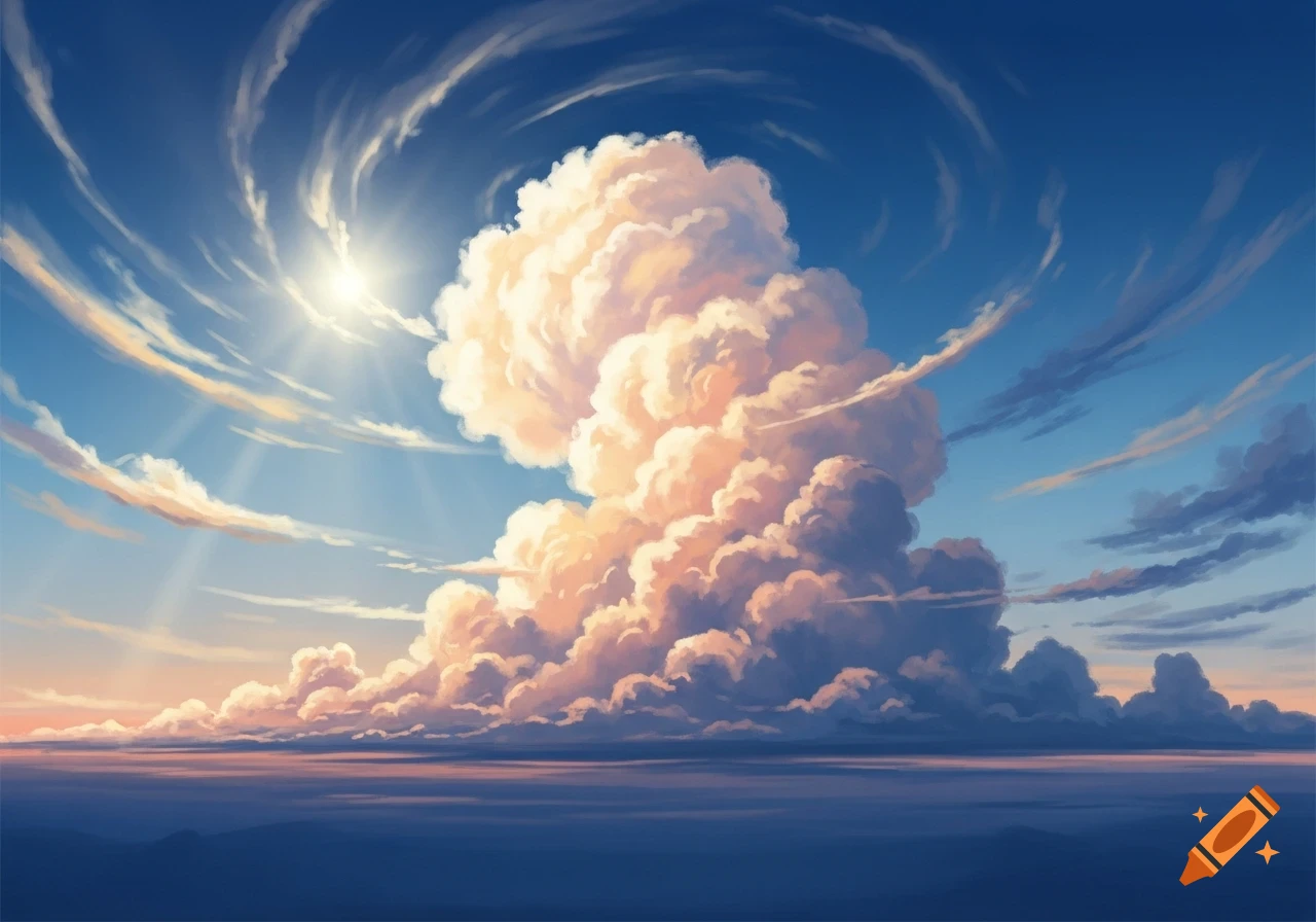 Vibrant anime-style sky with a huge sunlit cumulus cloud, sun rays, and distant wispy clouds over a clear blue horizon.
