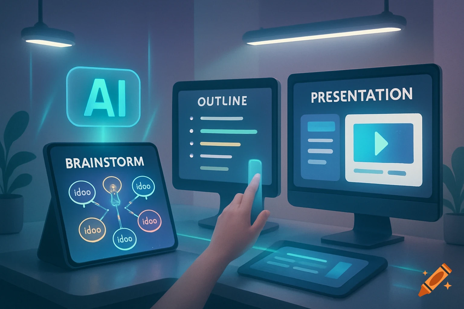 Clean, modern illustration of AI assisting in brainstorming, outlining, and building a presentation on digital screens and a tablet.