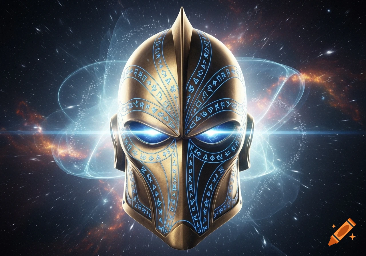 A golden, stylized helmet adorned with glowing blue symbols, featuring bright blue eyes, against a backdrop of stars and cosmic energy.