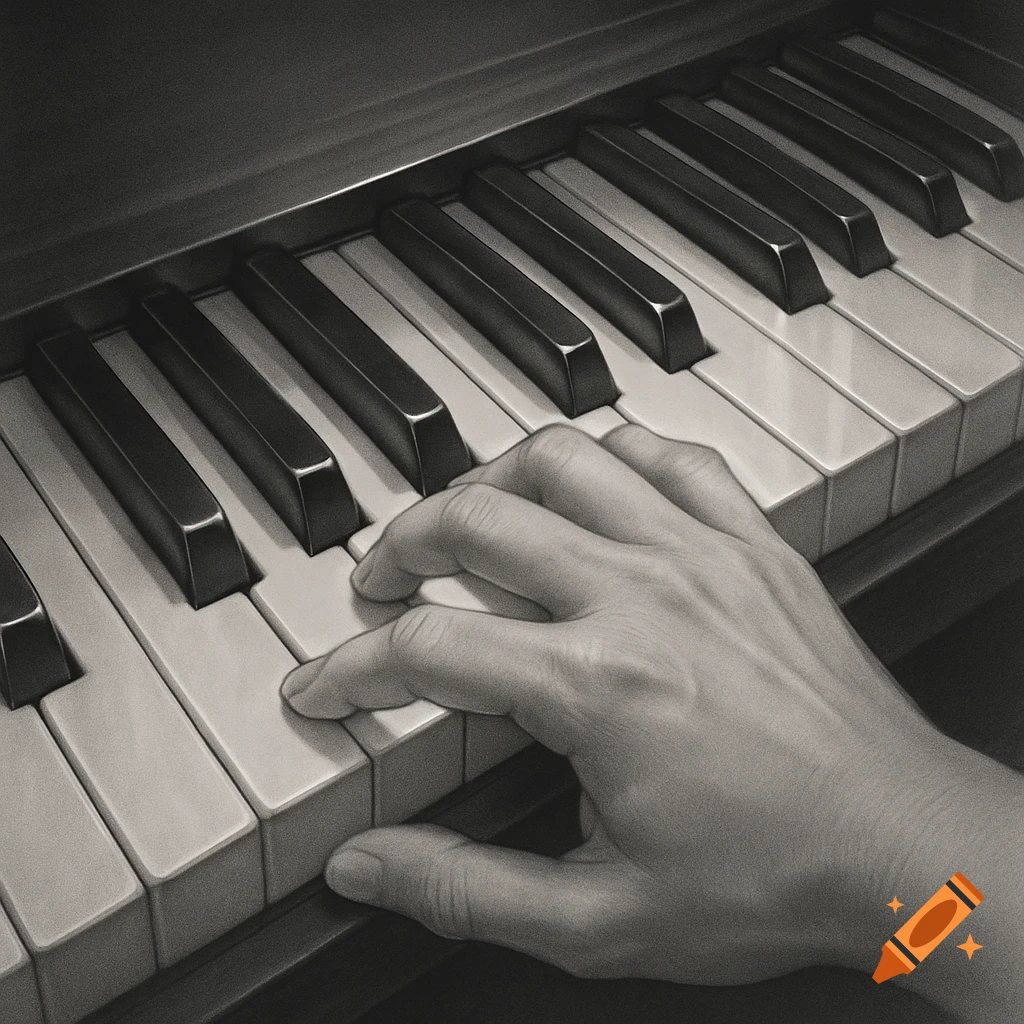 Close-up, monochrome image of a hand pressing down on the white keys of a piano.