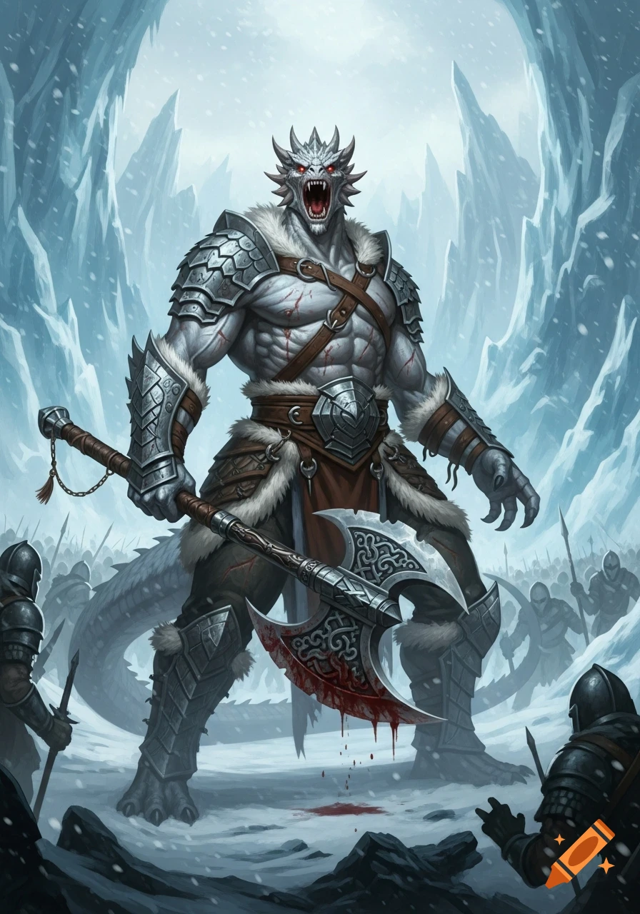 A screaming silver dragonborn warrior in scale mail armor and furs wields a bloody double-headed axe on a snowy battlefield with other warriors.