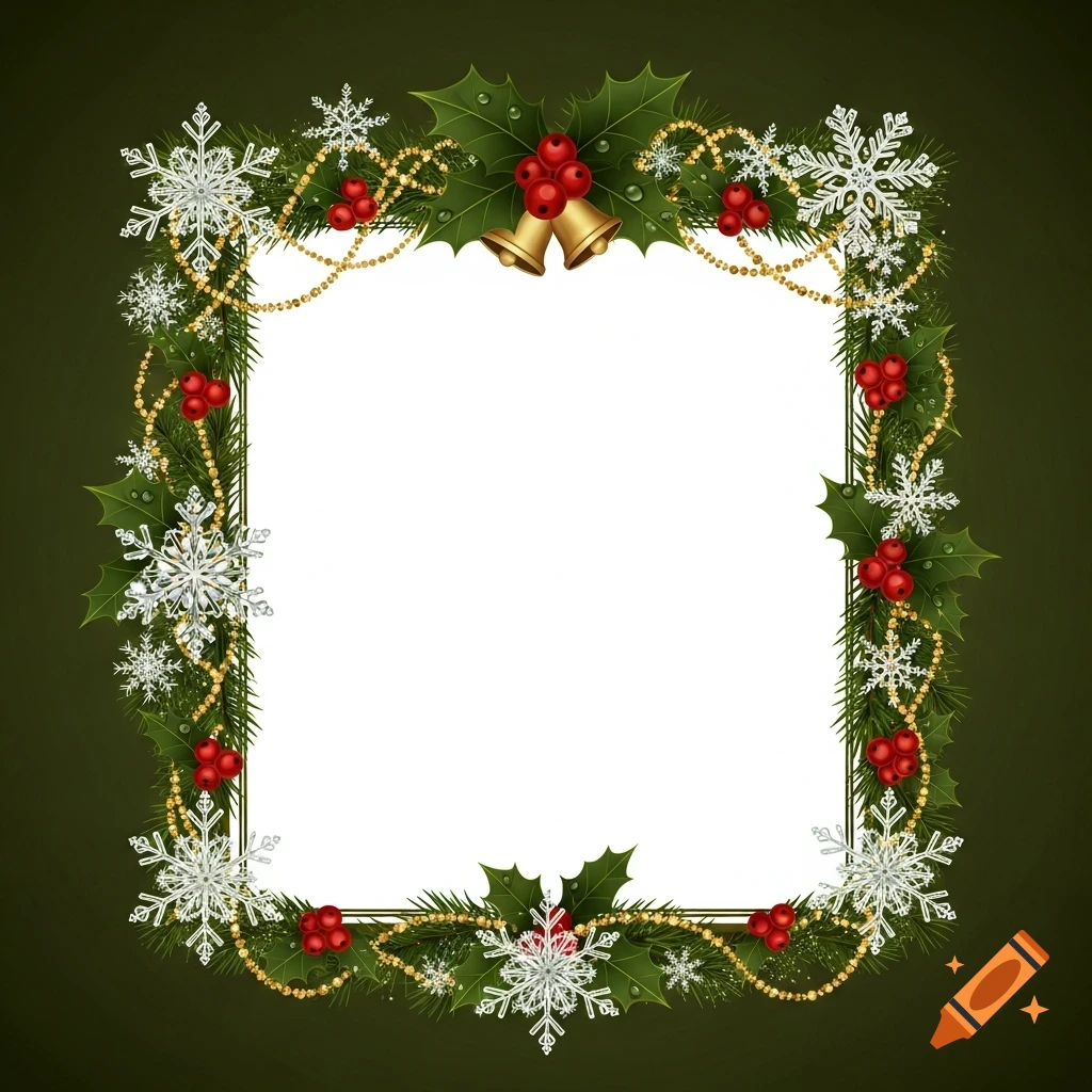 Square Christmas border with holly, red berries, silver snowflakes, golden beads, and bells on a dark green background.