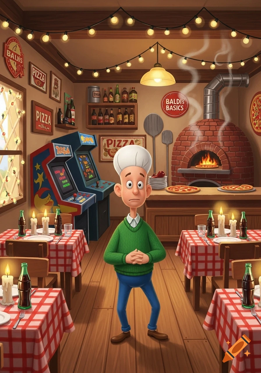 A cartoon character, Baldi, stands in a pizza restaurant with checkered tables, arcade games, and a brick oven.