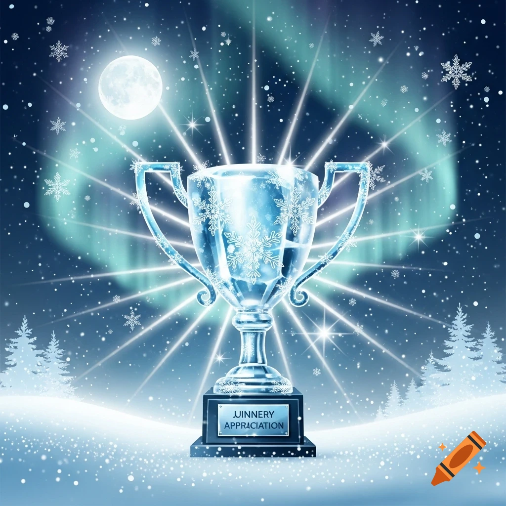 A shiny blue ice trophy adorned with snowflakes, set in a snowy winter wonderland under a full moon and aurora borealis, with sparkling light rays.
