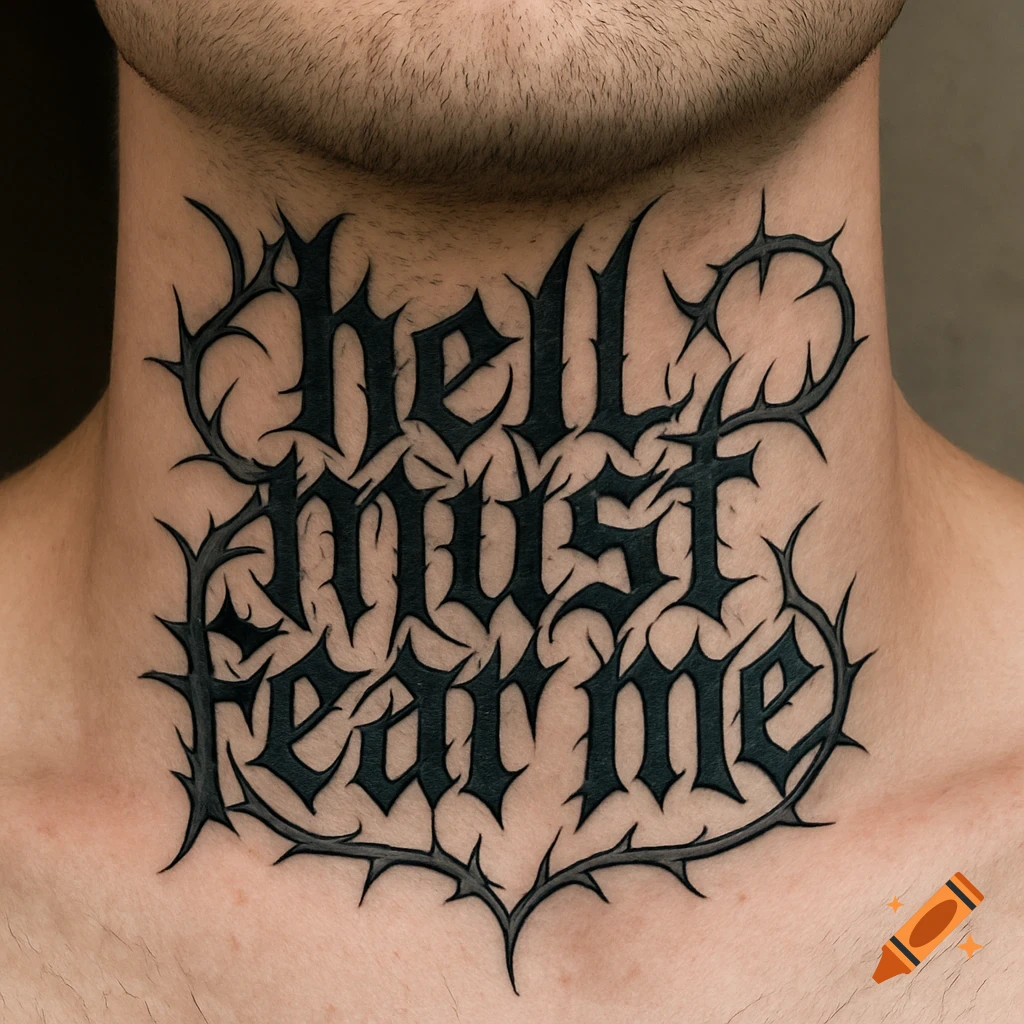 Close-up of a realistic neck tattoo in dark lettering with thorns, reading 'hell must fear me'.
