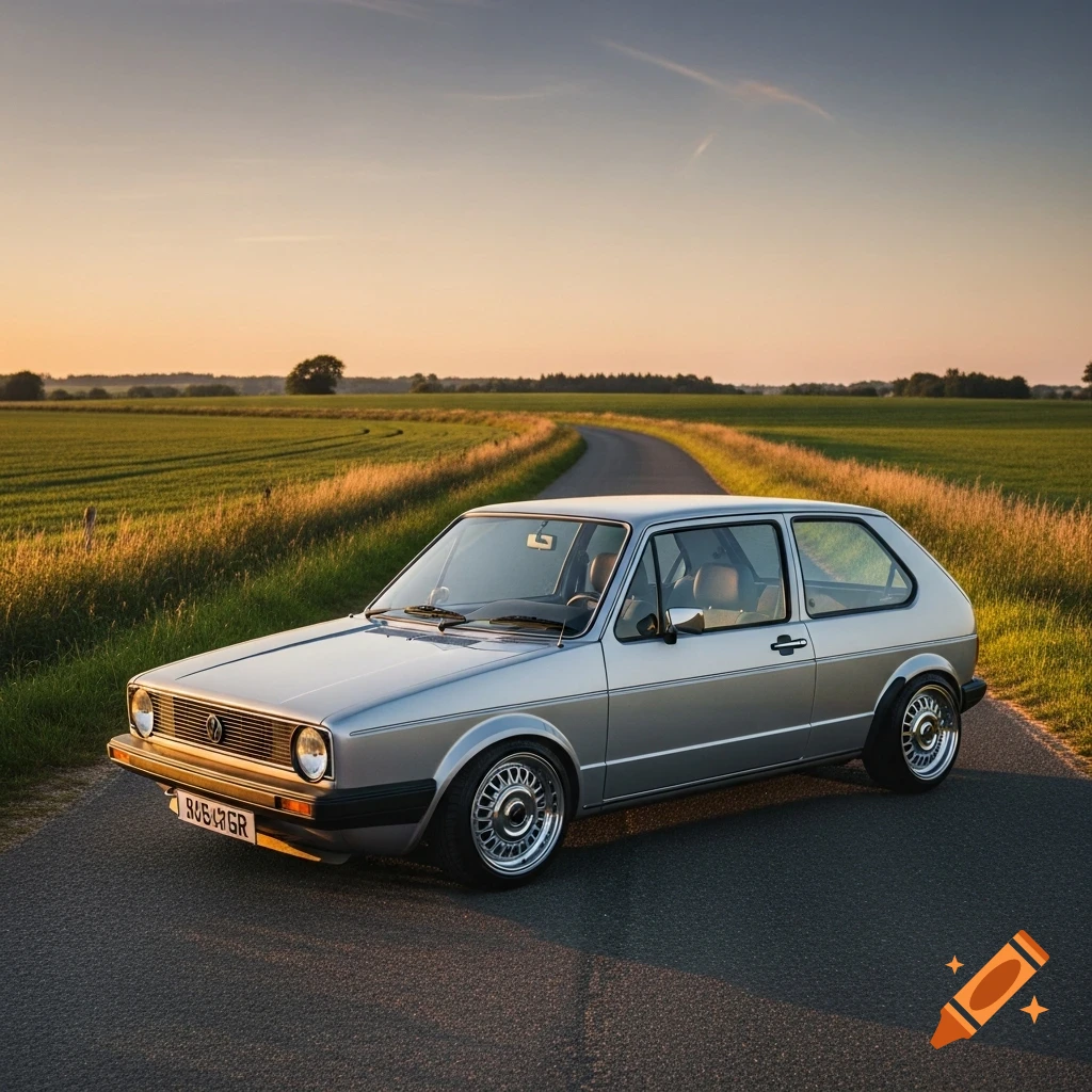 Photorealistic silver 1983 Volkswagen Golf on a winding country road at golden hour sunset.