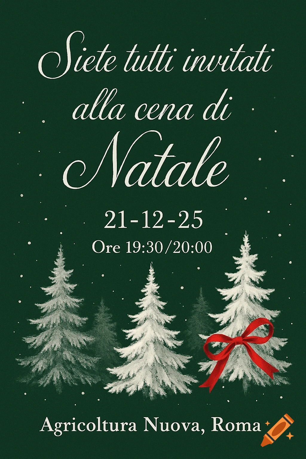 Green Christmas invitation card with white cursive text, snow-dusted fir trees, and a red bow.