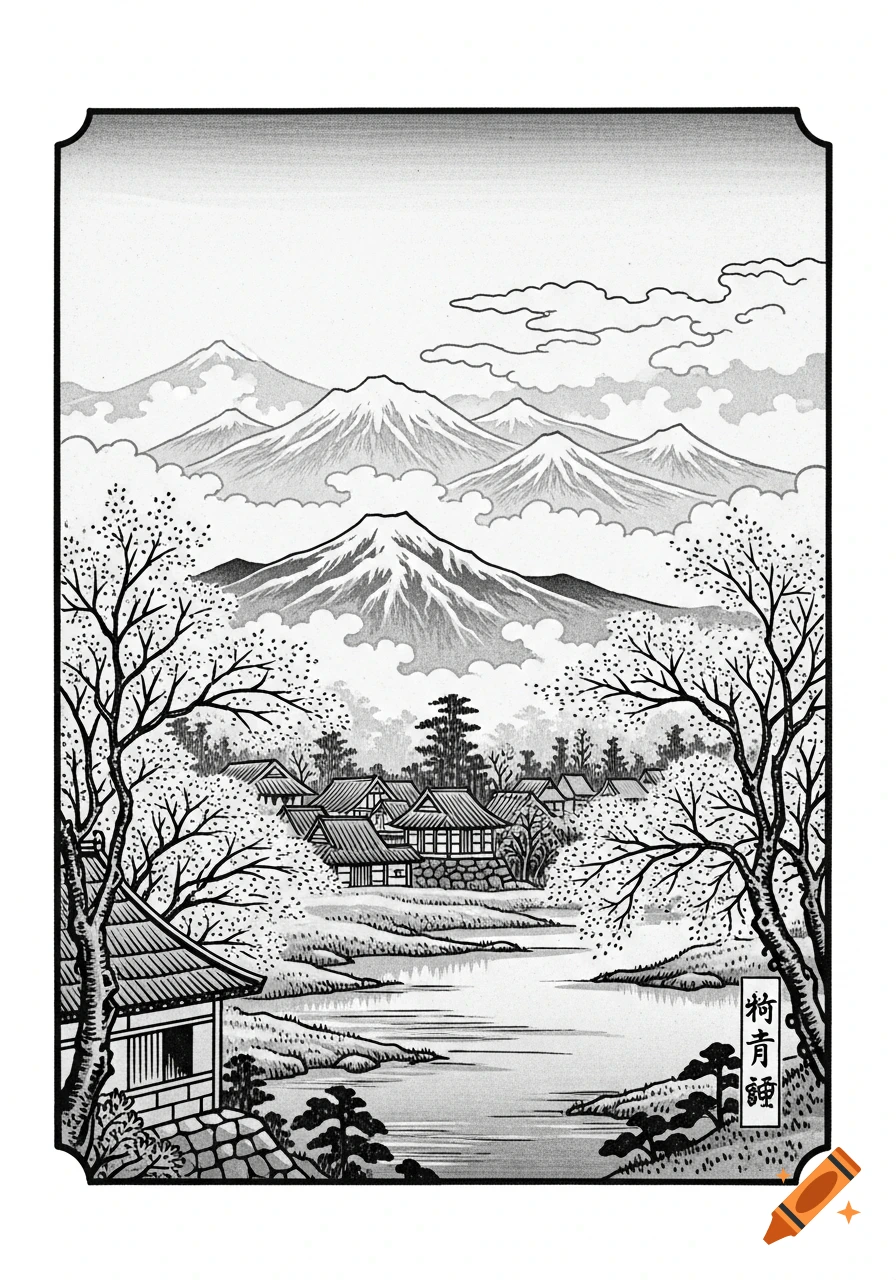 A black and white Ukiyo-e style Japanese landscape illustration with snowy mountains, cherry blossom trees, a village, and a river.