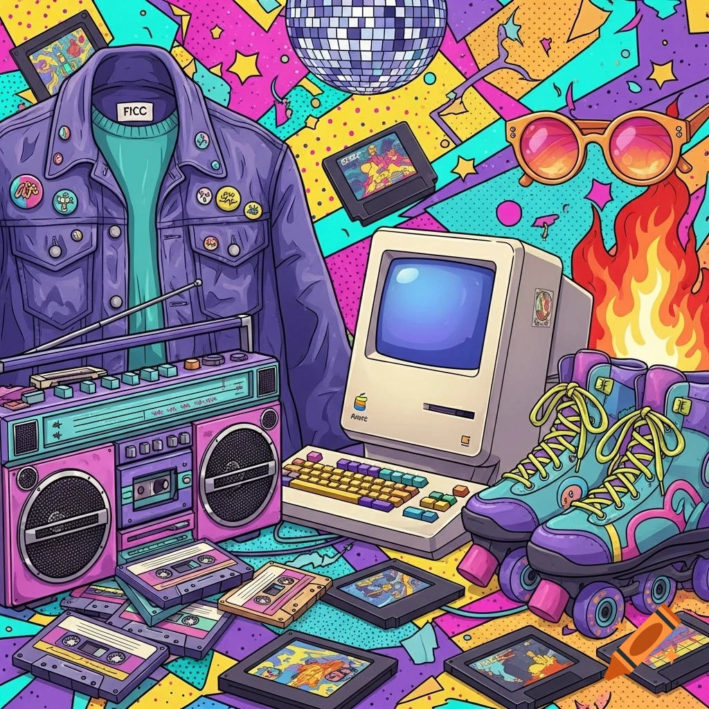 A vibrant pop art illustration of 90s retro items including a boombox, desktop computer, roller skates, cassette tapes, and a denim jacket, all set against a colorful, geometric background.