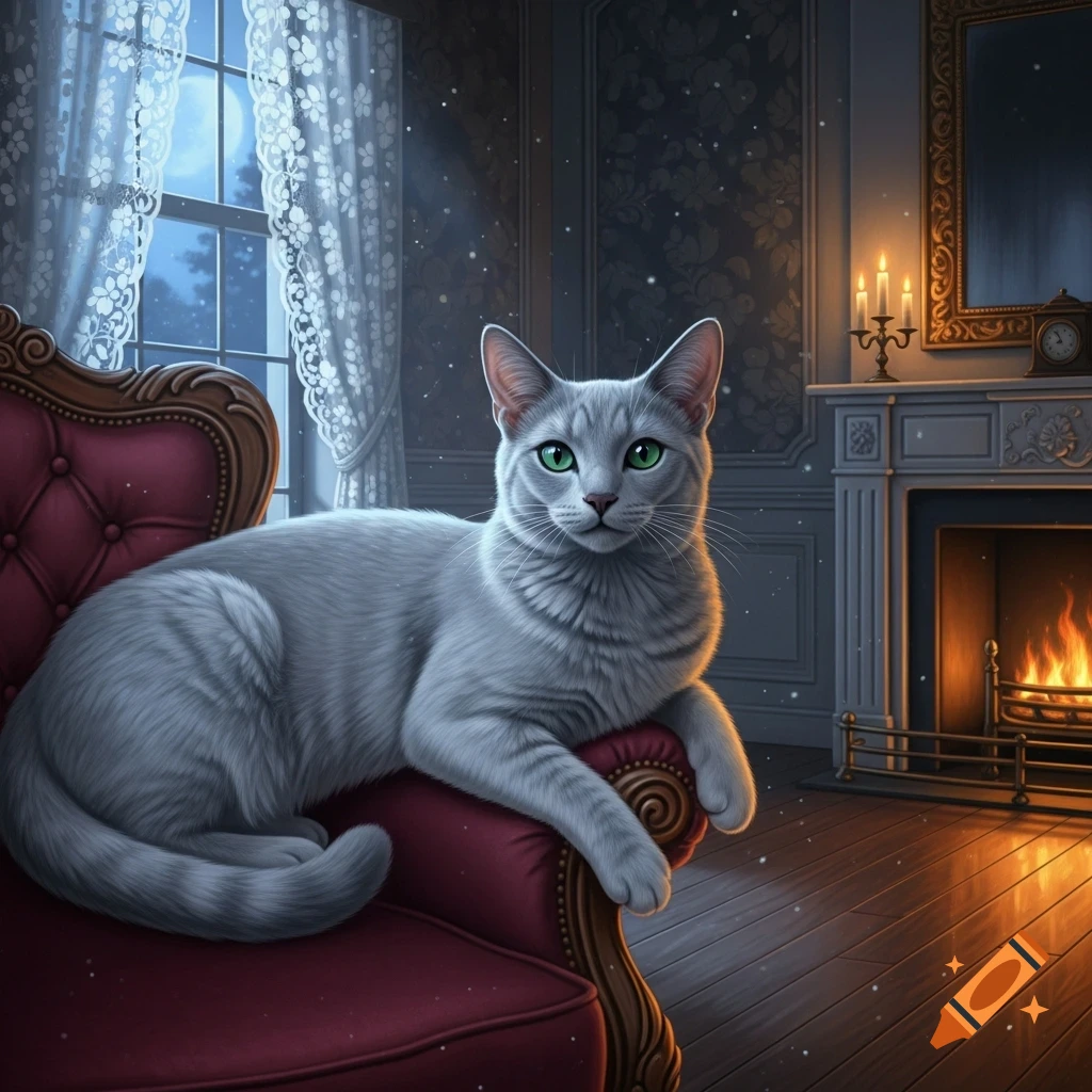 A grey Russian Blue cat with green eyes lounges on a red velvet armchair in an elegant room with a fireplace and moonlit window.