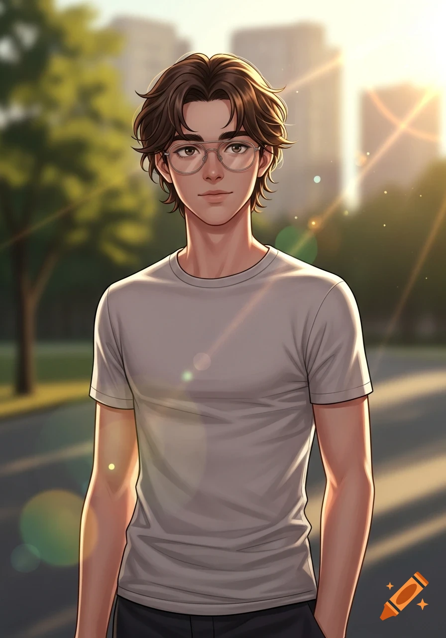 An anime-style portrait of a young man with wavy brown hair and glasses ...