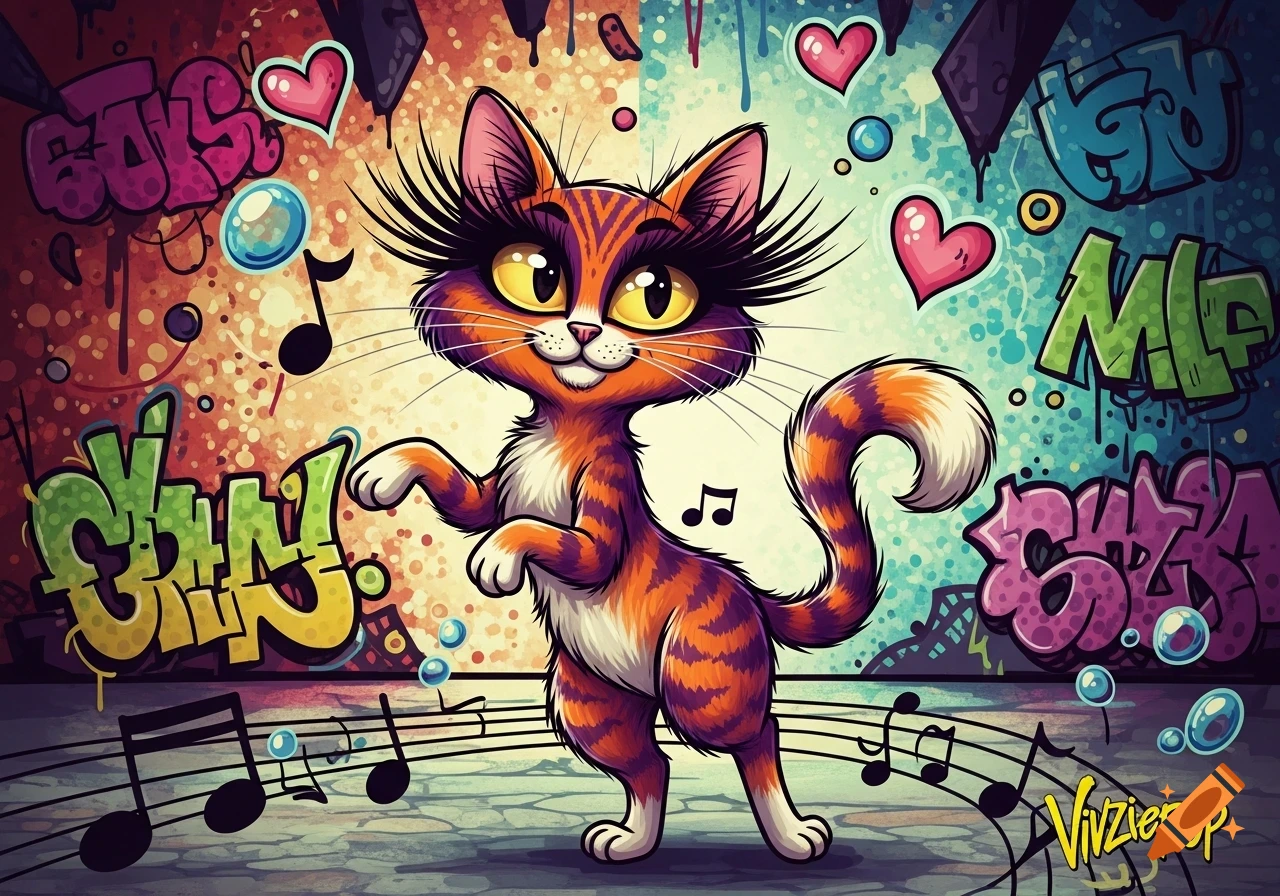 A vibrant cartoon tabby cat with long eyelashes dances against a colorful graffiti background with hearts and musical notes.