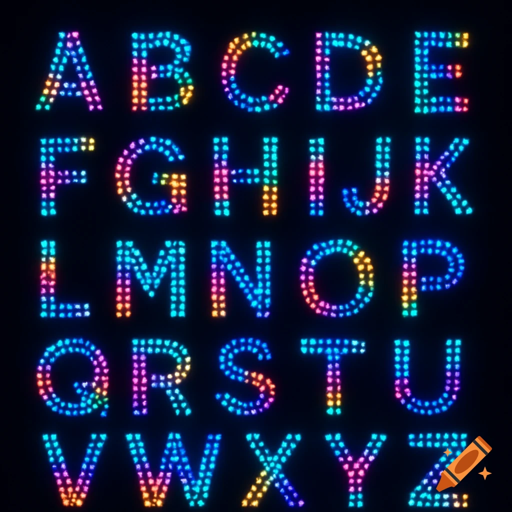 Full uppercase alphabet (A-Z) rendered in glowing colorful dot matrix lights on a black background.