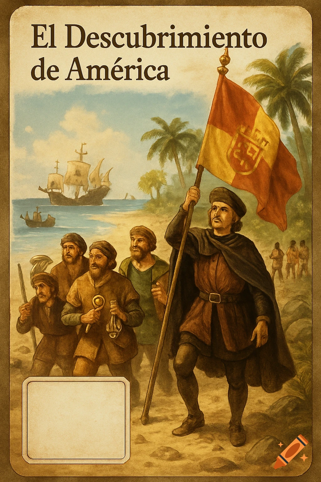 A vintage illustration depicts Christopher Columbus holding a Spanish flag with his crew on a tropical beach, ships at sea, and indigenous people in the distance, titled "El Descubrimiento de América".