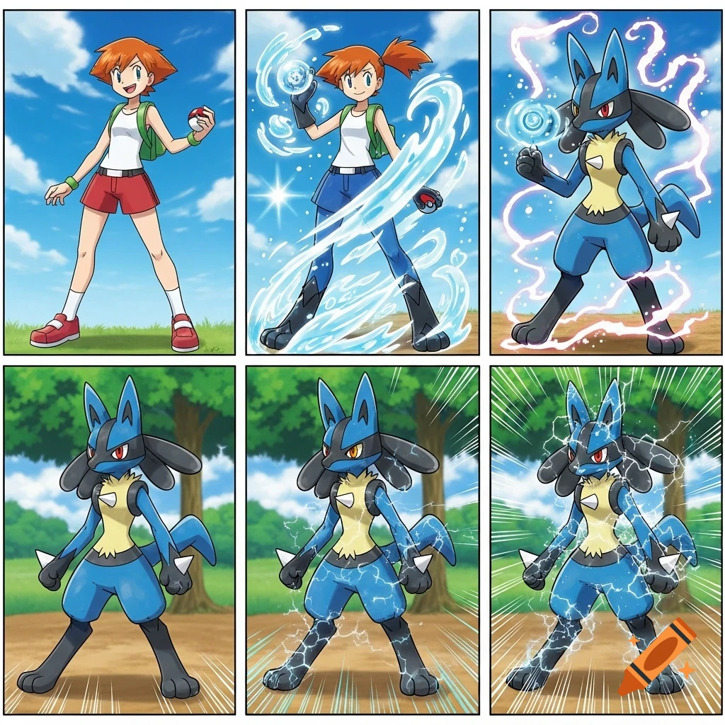 Six-panel comic showing Pokemon trainer Misty transforming into Lucario with water and lightning effects in an anime style.