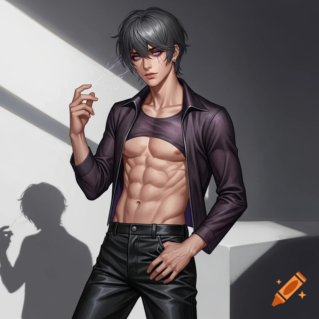 Digital art of a muscular young man with gray hair and lavender eyes, wearing an open black leather jacket and a purple crop top.