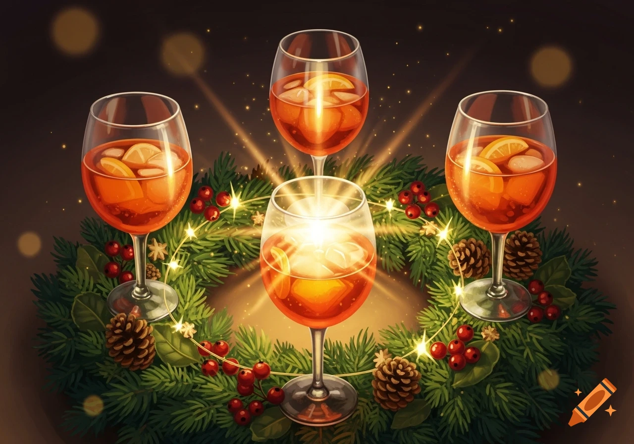 Four glowing Aperol Spritz glasses arranged in a festive Christmas wreath with pinecones, berries, and string lights.