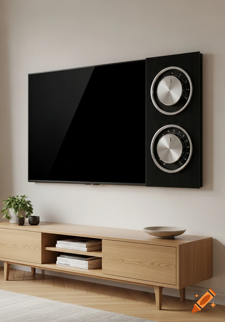 A modern living room with a sleek black wall-mounted TV, featuring two large round silver dials on a ribbed black panel to its right. Below is a light wood media console with a plant and books.