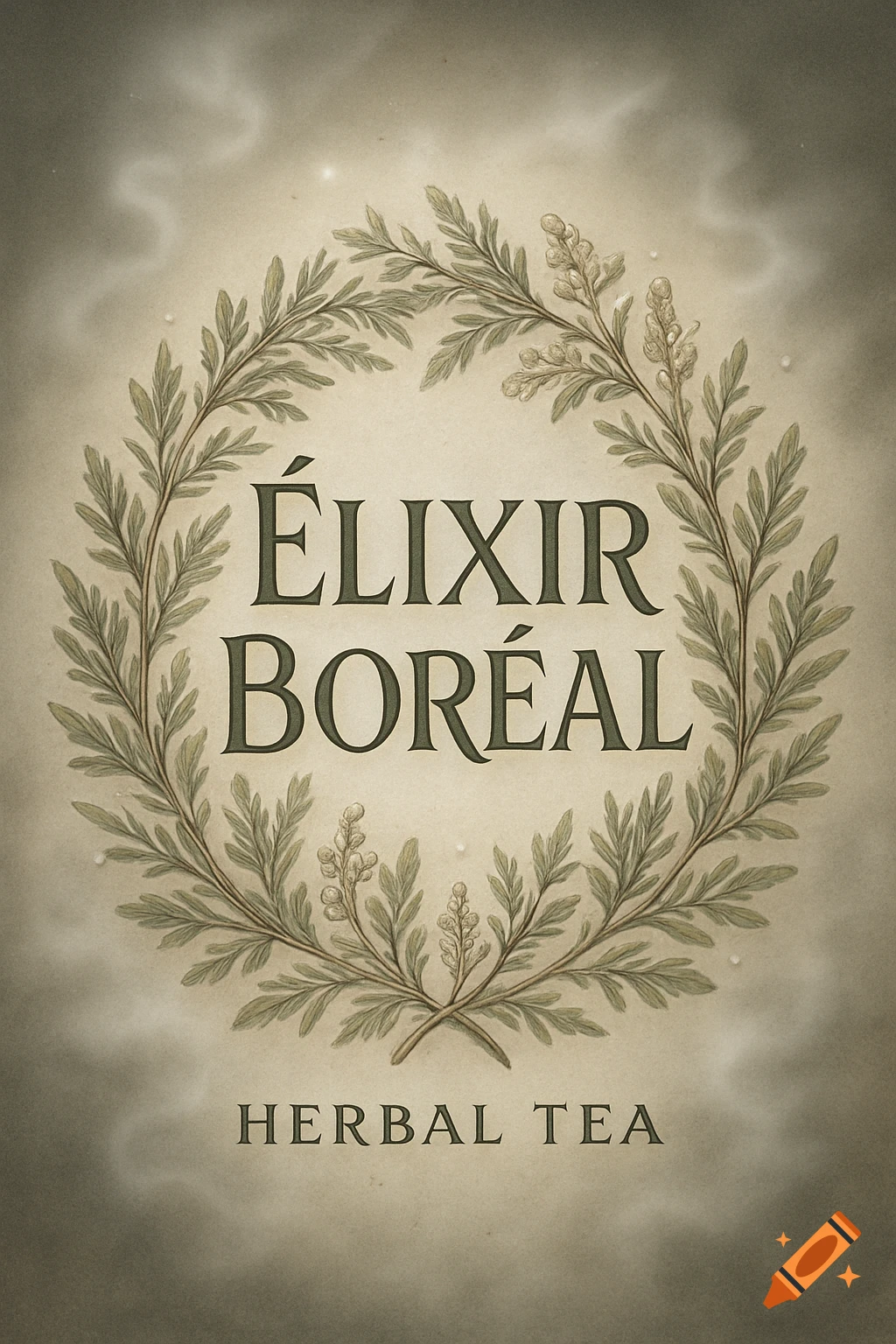 Vintage style label for 'Élixir Boréal Herbal Tea' with a botanical wreath on a textured background.