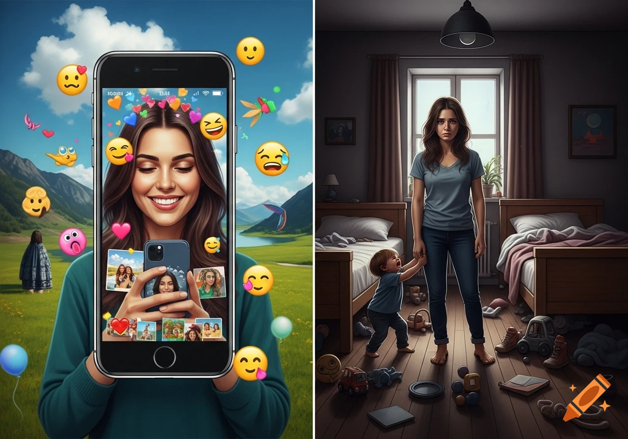 A split image showing a woman happily using a phone with social media emojis in a vibrant landscape on the left, and the same woman looking depressed in a messy room with a crying child on the right.