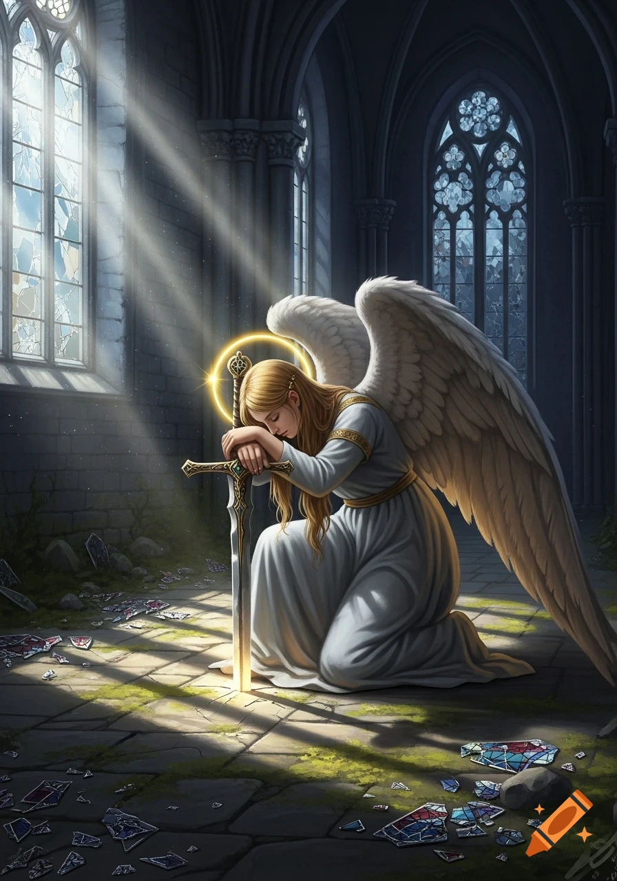 A winged angel in a white gown kneels sadly in a crumbling gothic church, head resting on a glowing sword, with shattered stained glass on the floor.