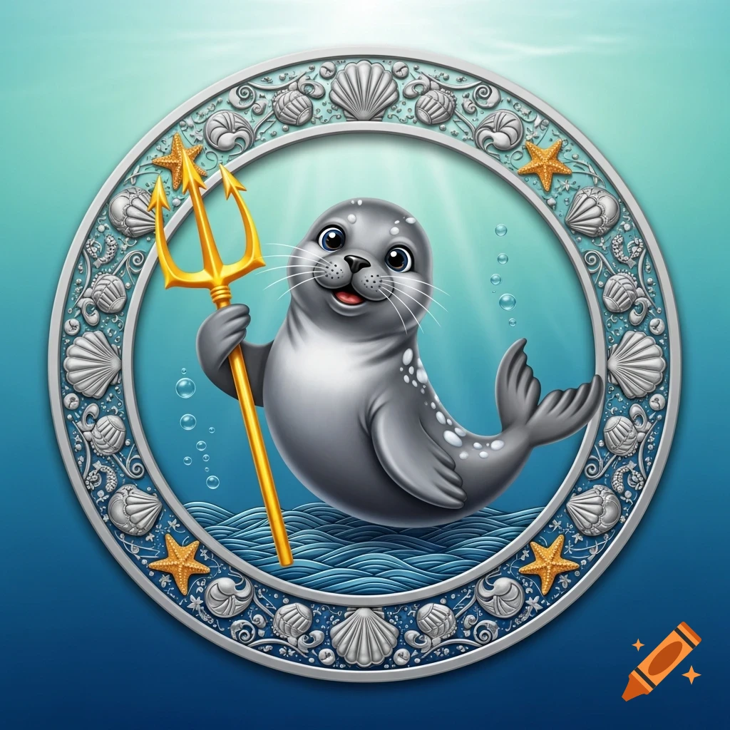 Cute cartoon seal holding a golden trident in an ornate silver and blue seashell frame against an underwater background.