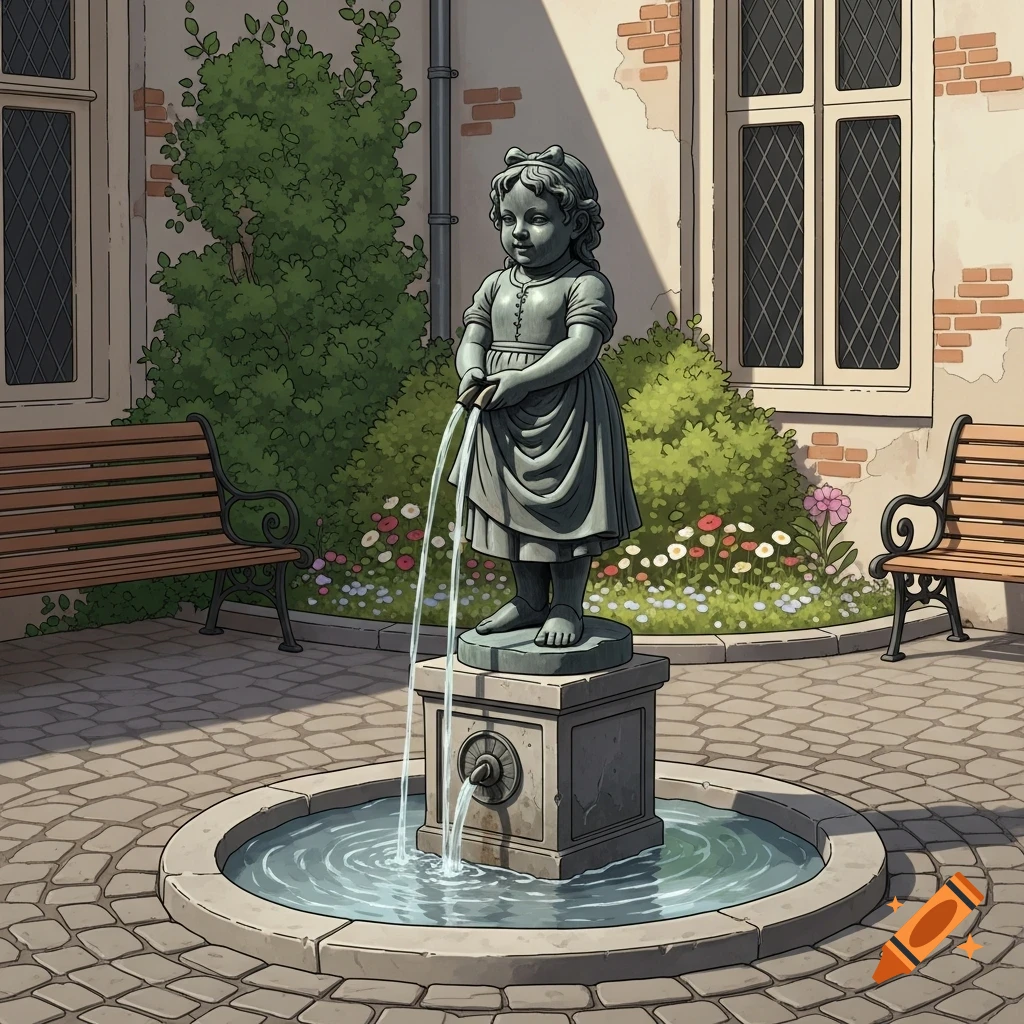 A stone statue of a young girl peeing into a fountain basin in a cobblestone courtyard with benches and plants, illustrated in a cartoon style.