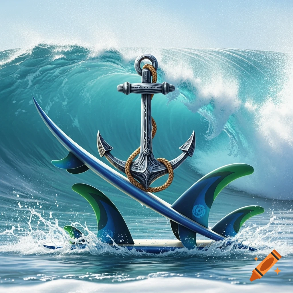 Stylized anchor with rope, blue surfboard, and green fins emerging from turquoise ocean waves under a clear sky.