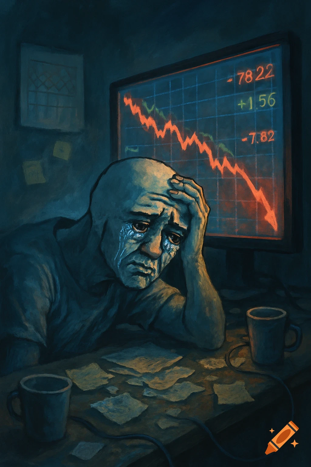 A crying Wojak meme character at a desk, looking distressed at a computer screen displaying a downward-trending stock graph.