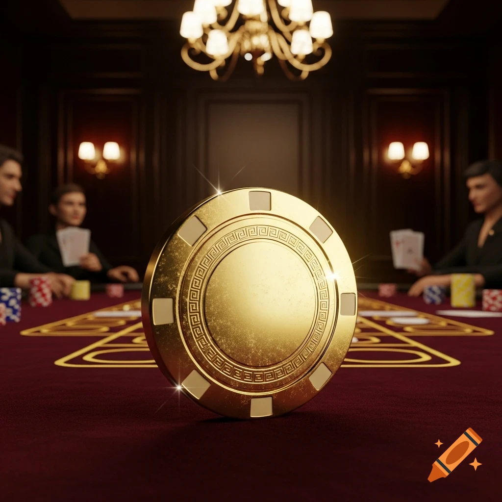 A gleaming golden poker chip with a Greek key pattern stands upright on a red poker table, with blurred players in the background.