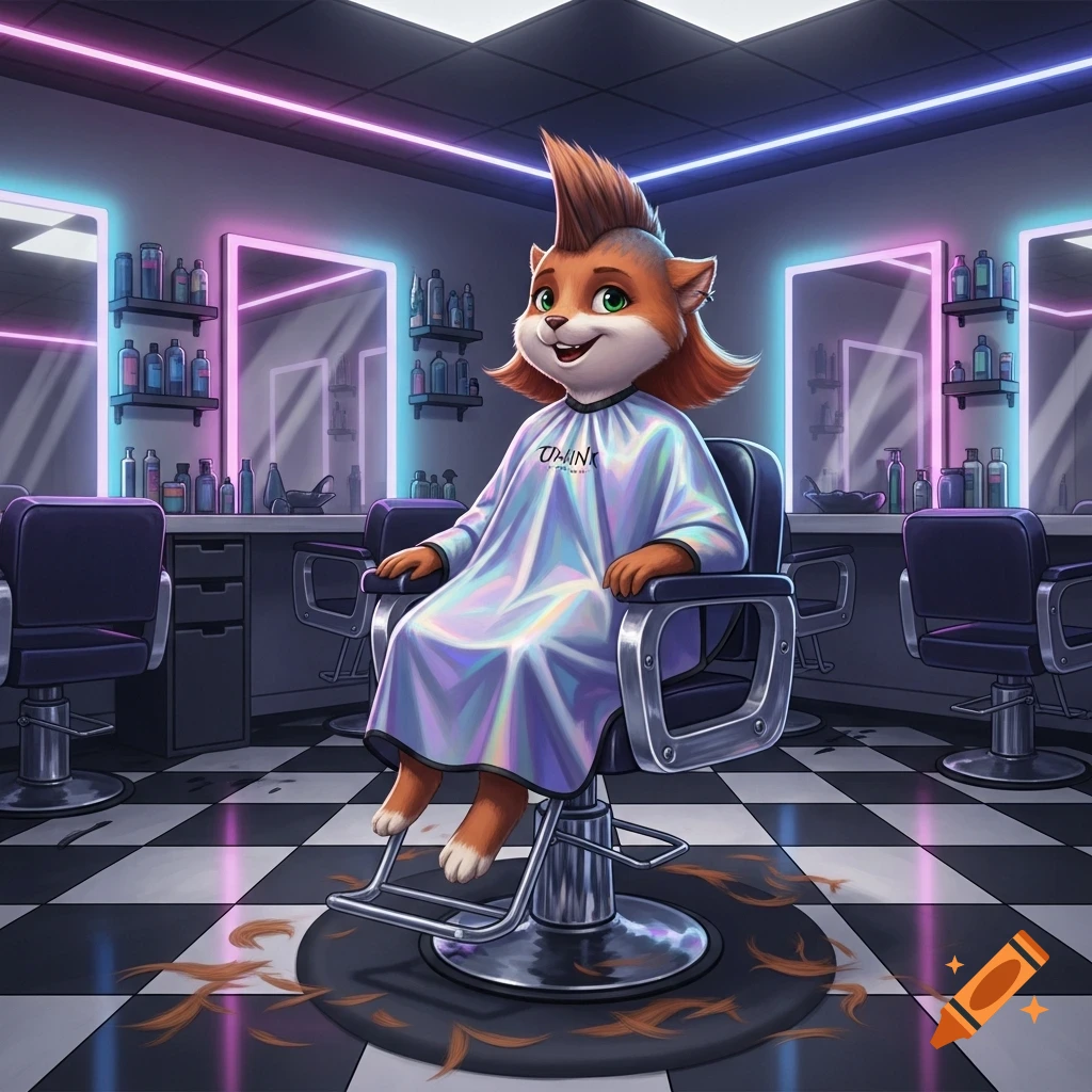 A cartoon fox with a punk mohawk in a barber's chair wears a salon cape in a neon-lit shop with hair on the floor.