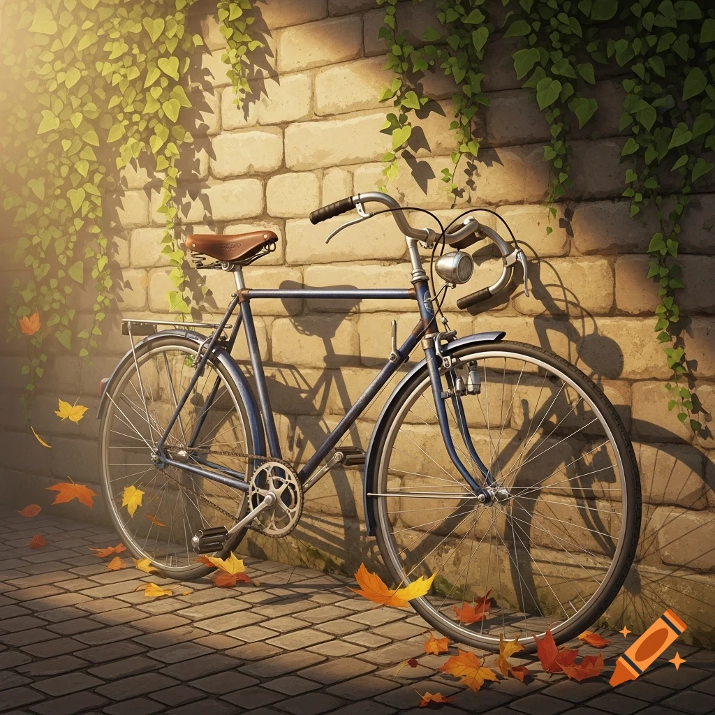 A blue vintage bicycle with a brown seat leans against a sunlit brick wall covered in ivy, surrounded by fallen autumn leaves.