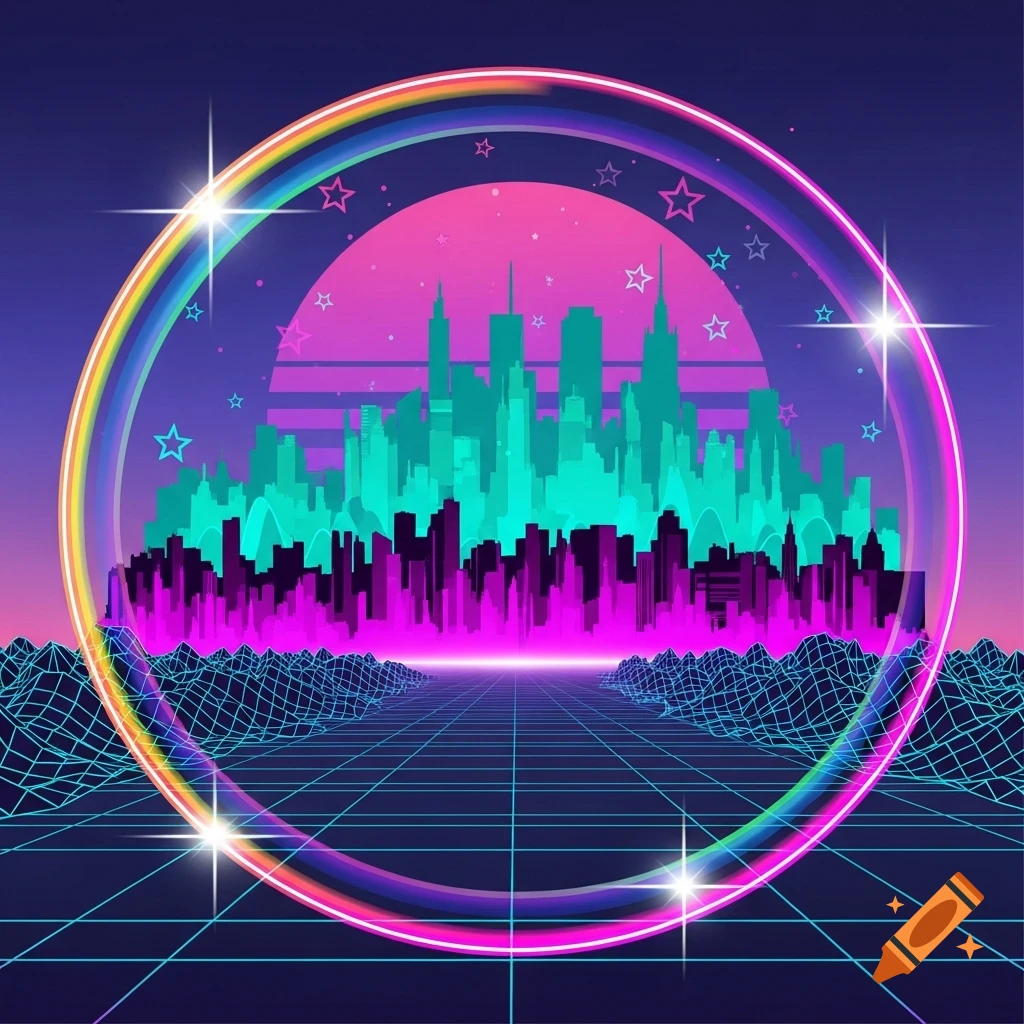 A neon synthwave cityscape with a grid road, glowing circular rainbow frame, and stylized sun in a retro 80s style.