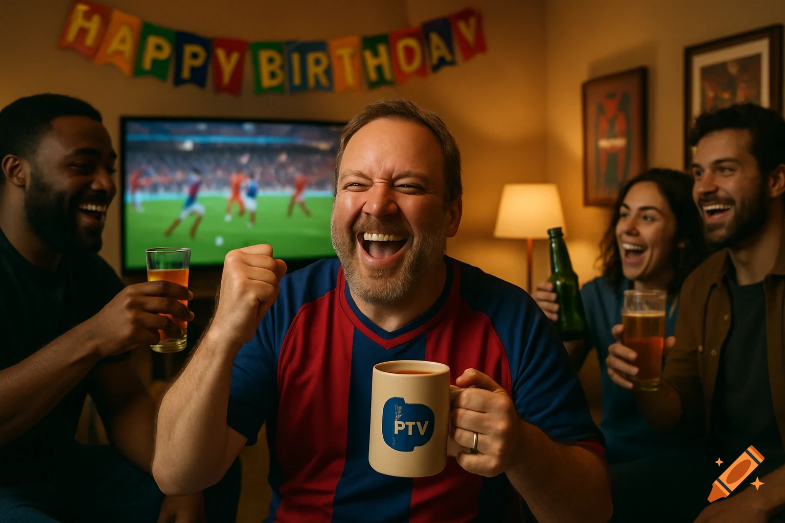 A diverse group of friends celebrating a birthday, cheering while watching a football match on TV. A man in a red and blue jersey holds a mug with a PTV logo, fist pumping with joy.